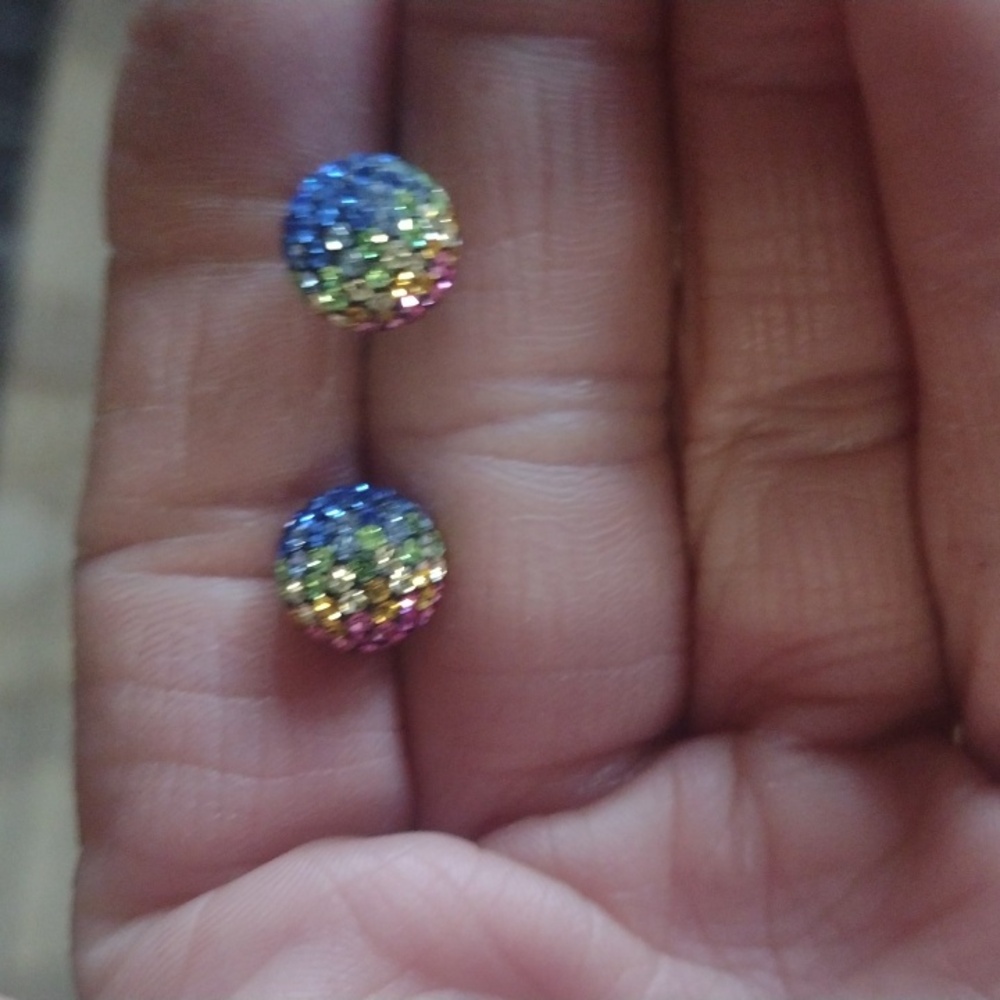 VINTAGE STERLING SILVER .925 MULTICOLOR PAVE CRYSTAL 8MM BALL STUD EARRINGS - Picture 7 of 9